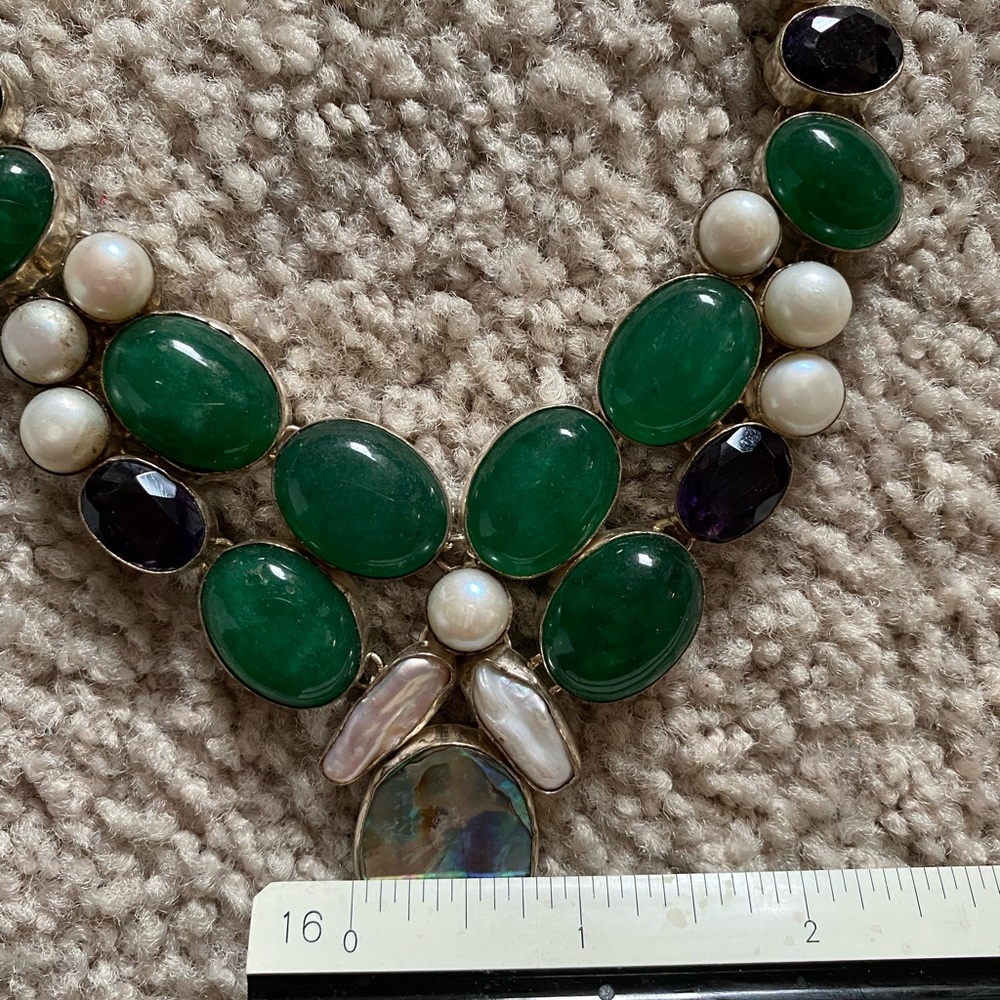 Handcrafted Abalone, Pearl, Amethyst and Jade Silver Necklace